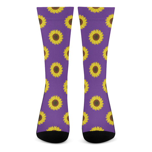 Purple Sunflower Pattern Print Crew Socks