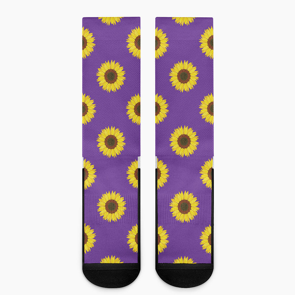 Purple Sunflower Pattern Print Crew Socks