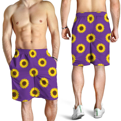 Purple Sunflower Pattern Print Men's Shorts