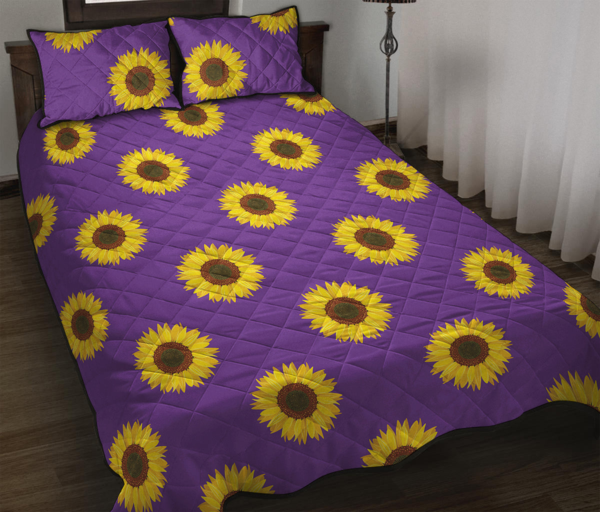 Purple Sunflower Pattern Print Quilt Bed Set