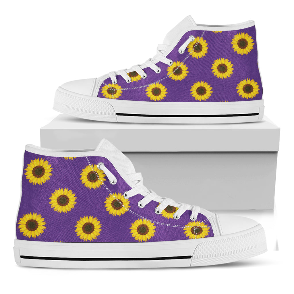 Purple Sunflower Pattern Print White High Top Shoes