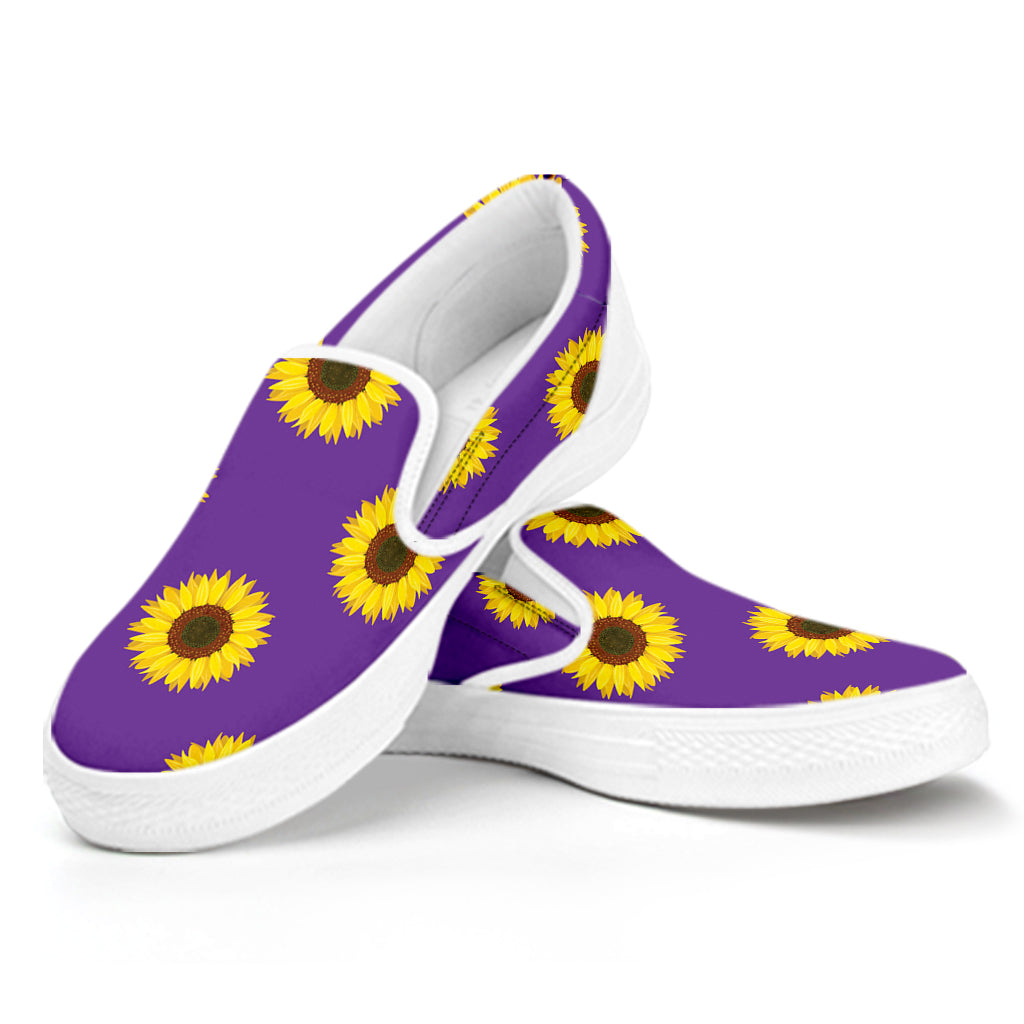Purple Sunflower Pattern Print White Slip On Shoes