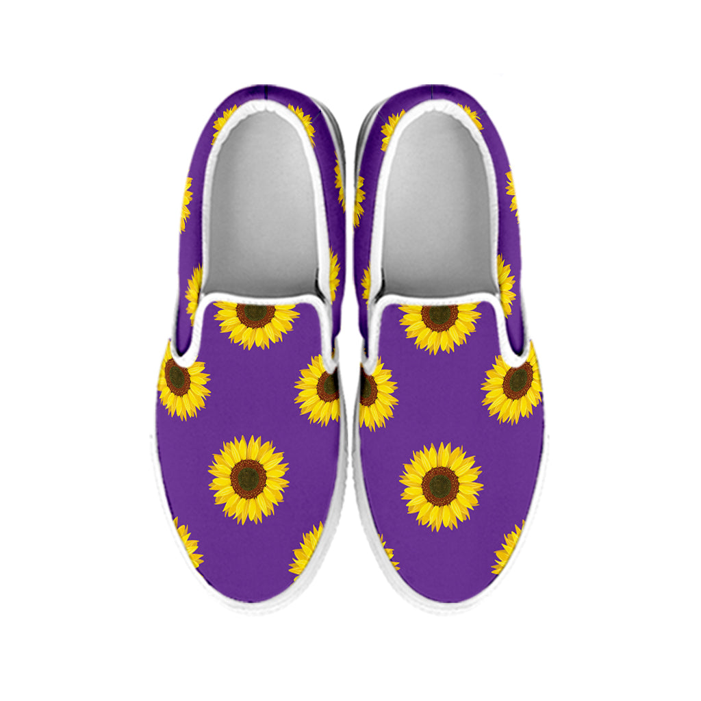 Purple Sunflower Pattern Print White Slip On Shoes
