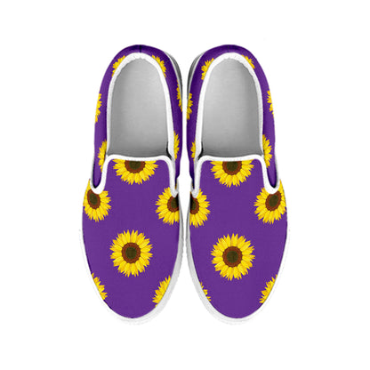 Purple Sunflower Pattern Print White Slip On Shoes