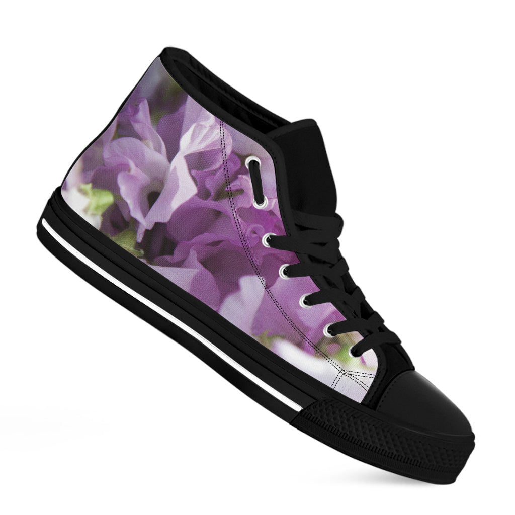 Purple Sweet Pea Print Black High Top Shoes