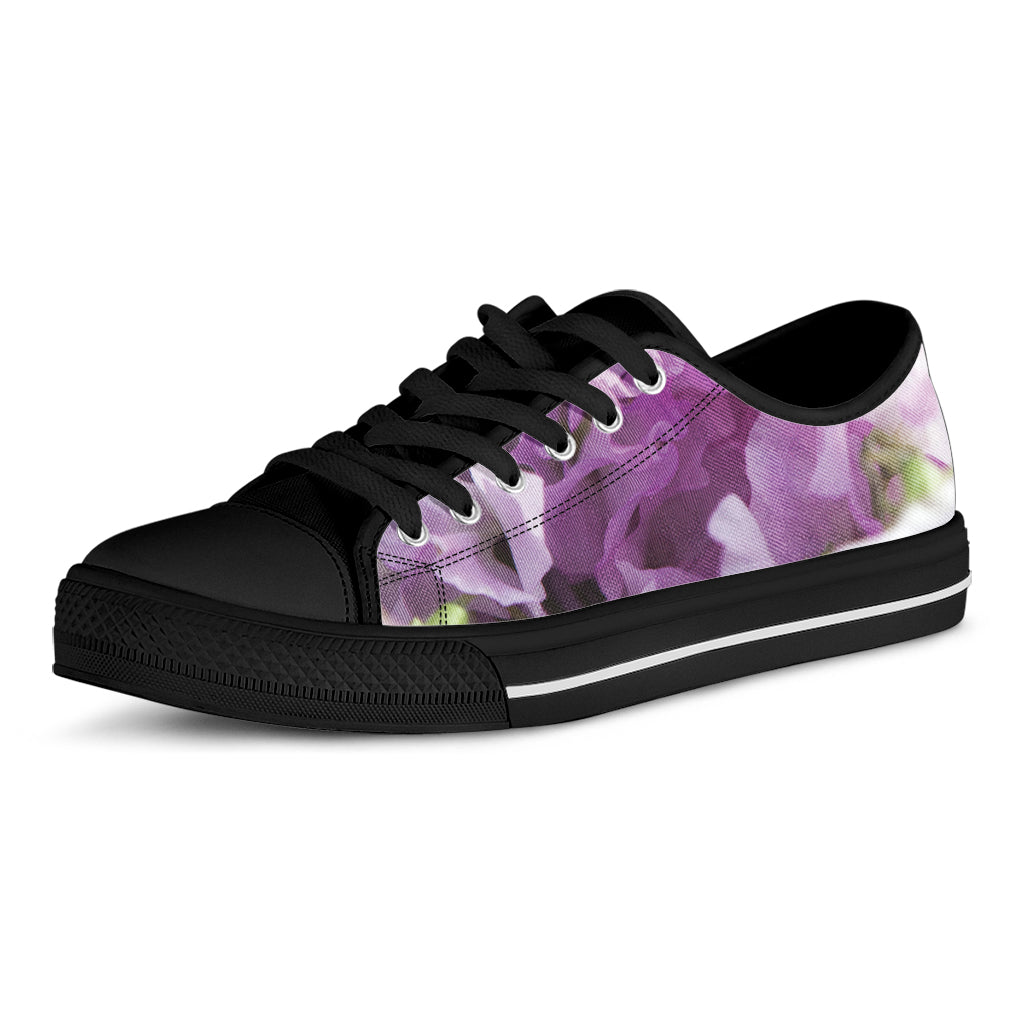 Purple Sweet Pea Print Black Low Top Shoes