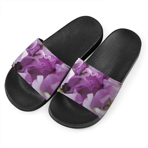 Purple Sweet Pea Print Black Slide Sandals