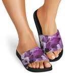 Purple Sweet Pea Print Black Slide Sandals