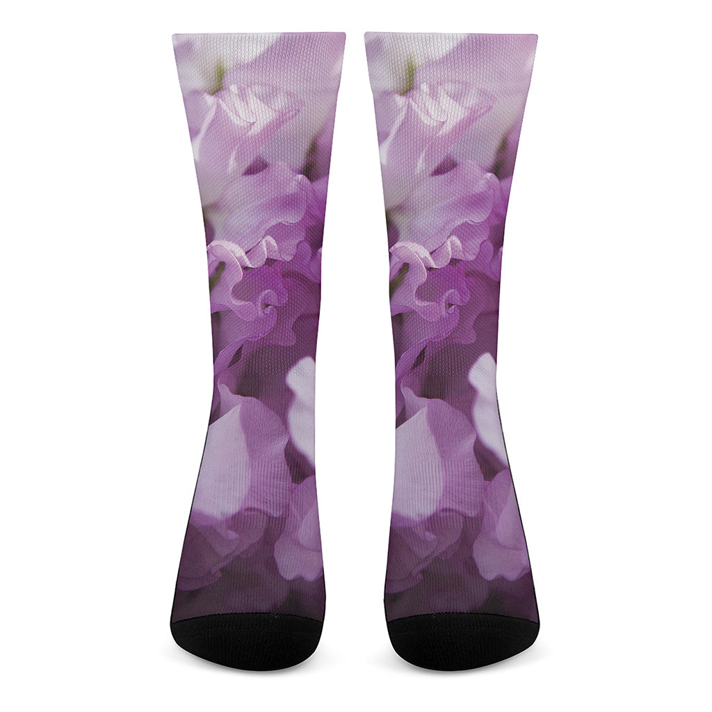 Purple Sweet Pea Print Crew Socks