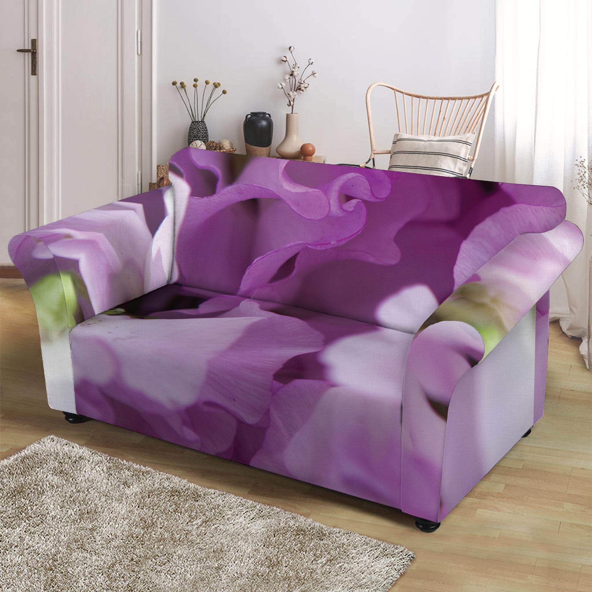 Purple Sweet Pea Print Loveseat Slipcover