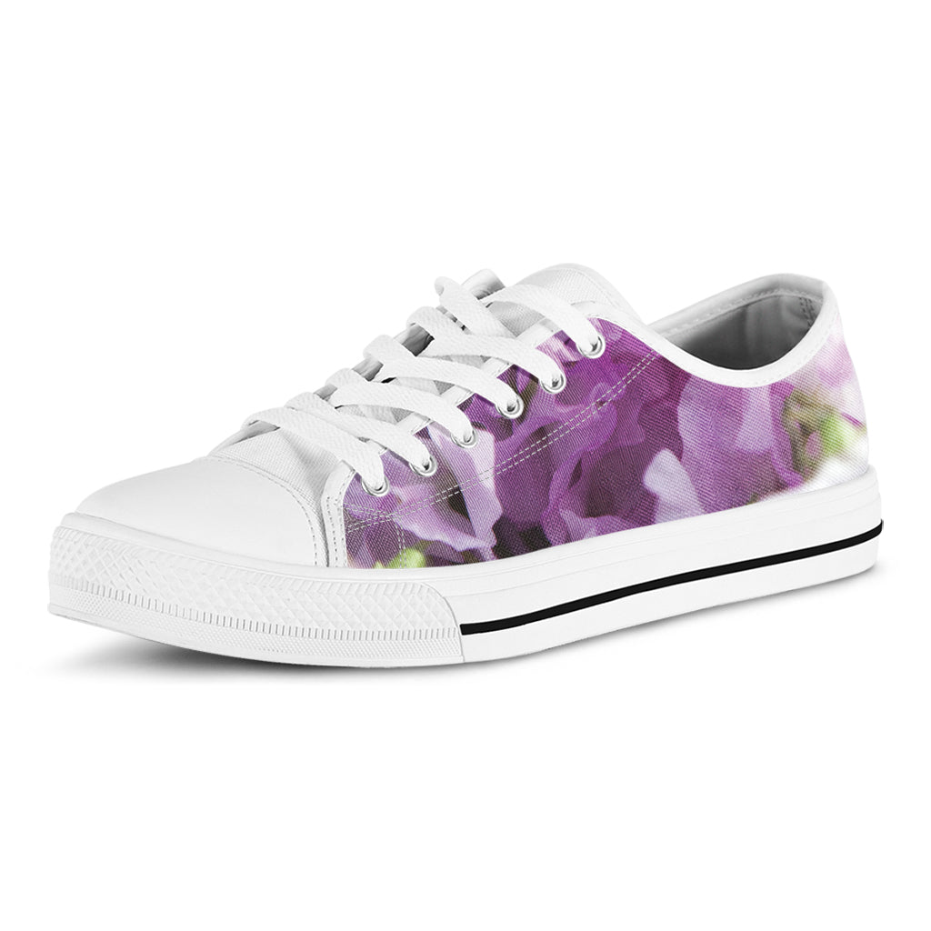 Purple Sweet Pea Print White Low Top Shoes