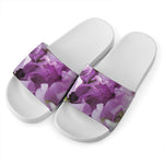Purple Sweet Pea Print White Slide Sandals
