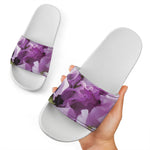 Purple Sweet Pea Print White Slide Sandals