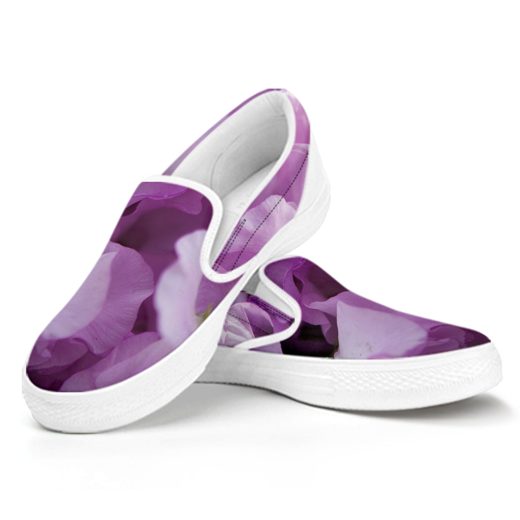 Purple Sweet Pea Print White Slip On Shoes