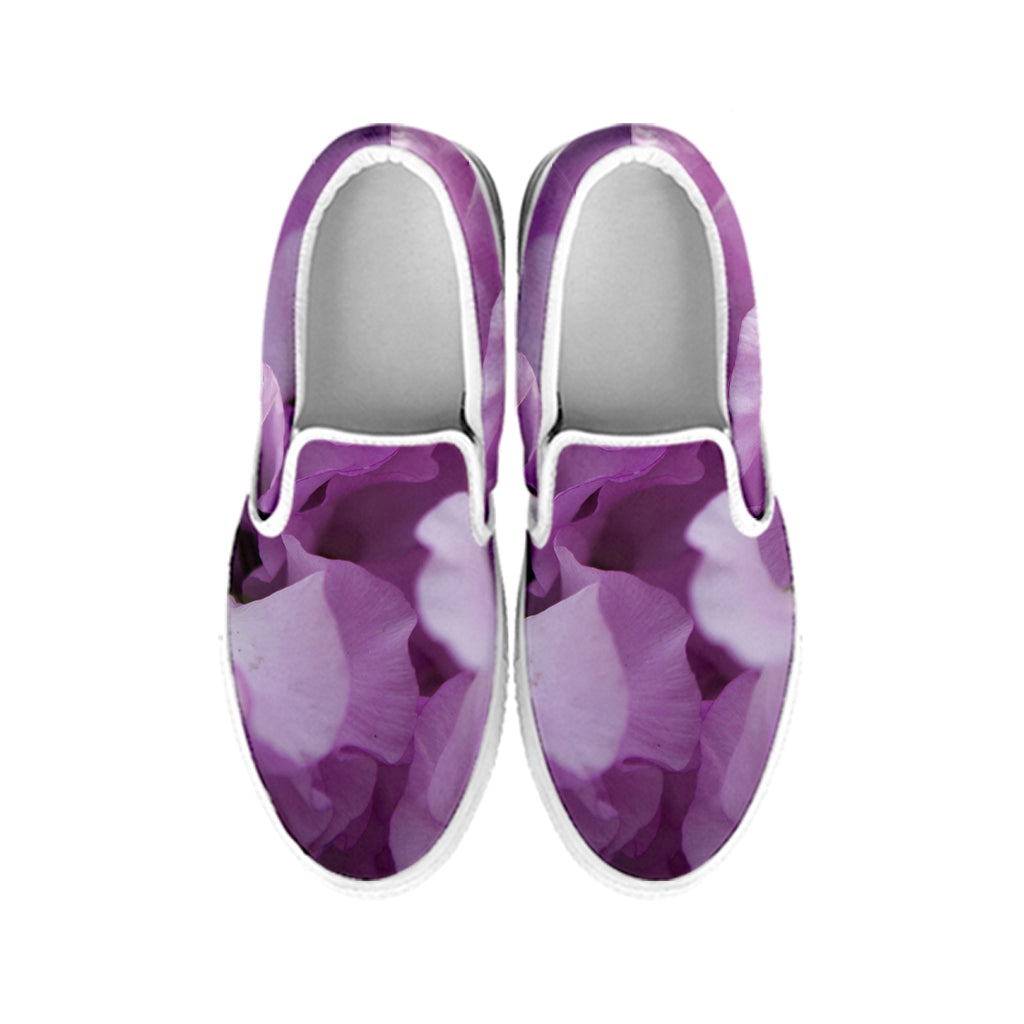 Purple Sweet Pea Print White Slip On Shoes