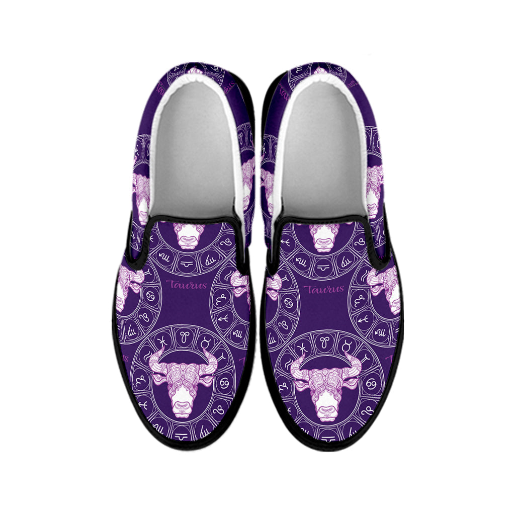 Purple Taurus Zodiac Pattern Print Black Slip On Shoes
