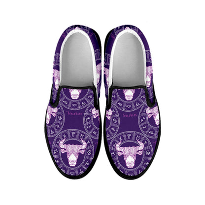 Purple Taurus Zodiac Pattern Print Black Slip On Shoes