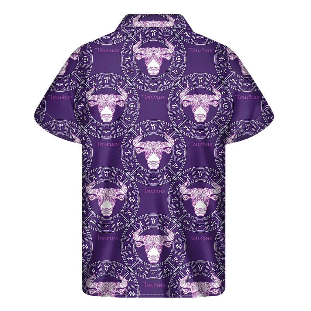 Purple Taurus Zodiac Pattern Print Men's Short Sleeve Shirt