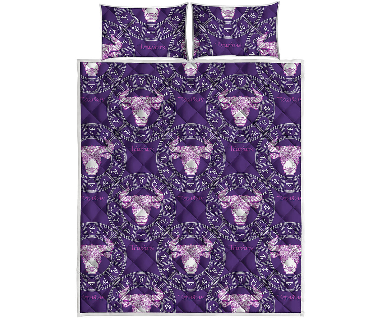 Purple Taurus Zodiac Pattern Print Quilt Bed Set