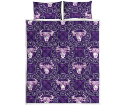 Purple Taurus Zodiac Pattern Print Quilt Bed Set