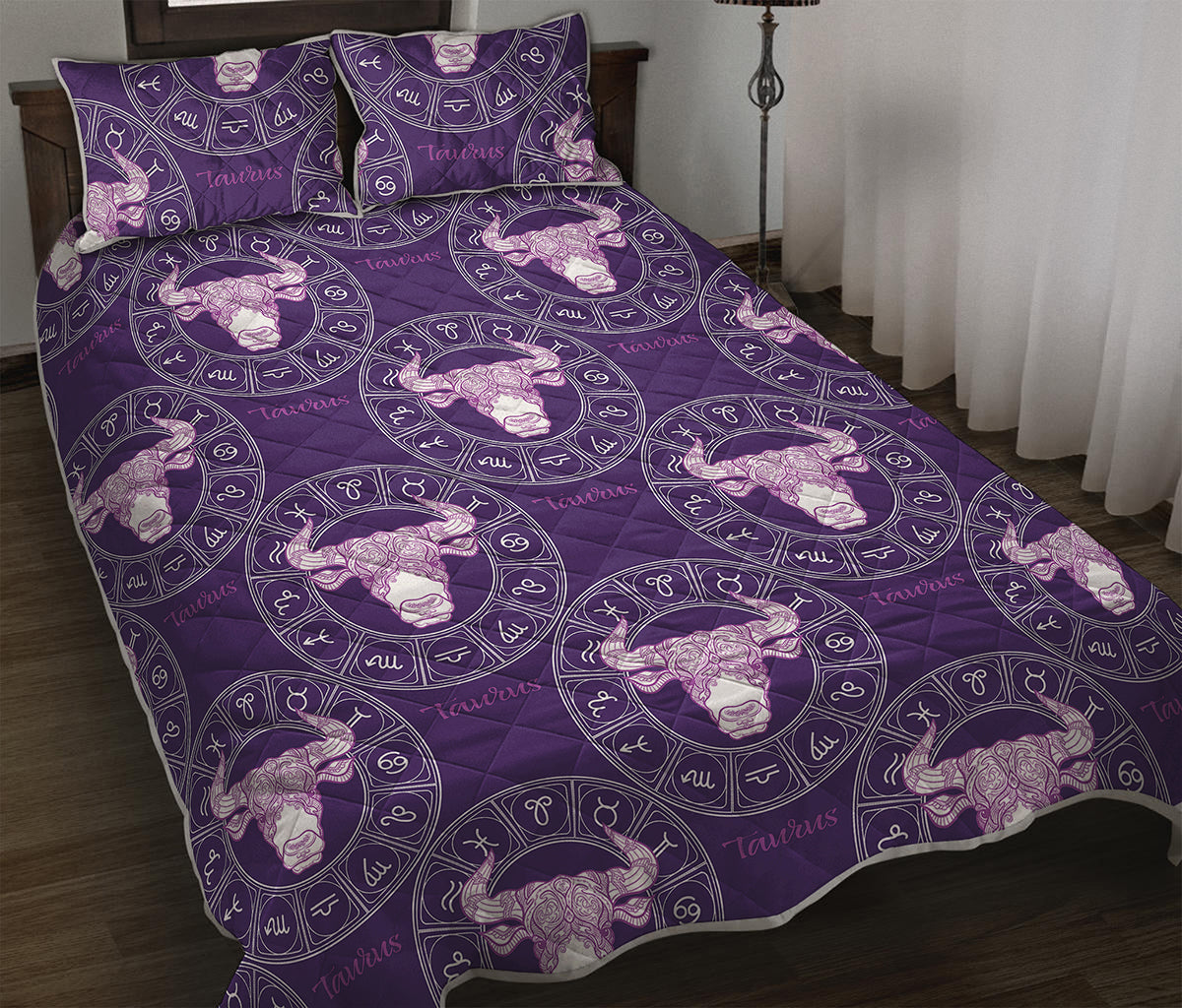 Purple Taurus Zodiac Pattern Print Quilt Bed Set