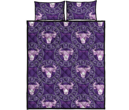 Purple Taurus Zodiac Pattern Print Quilt Bed Set