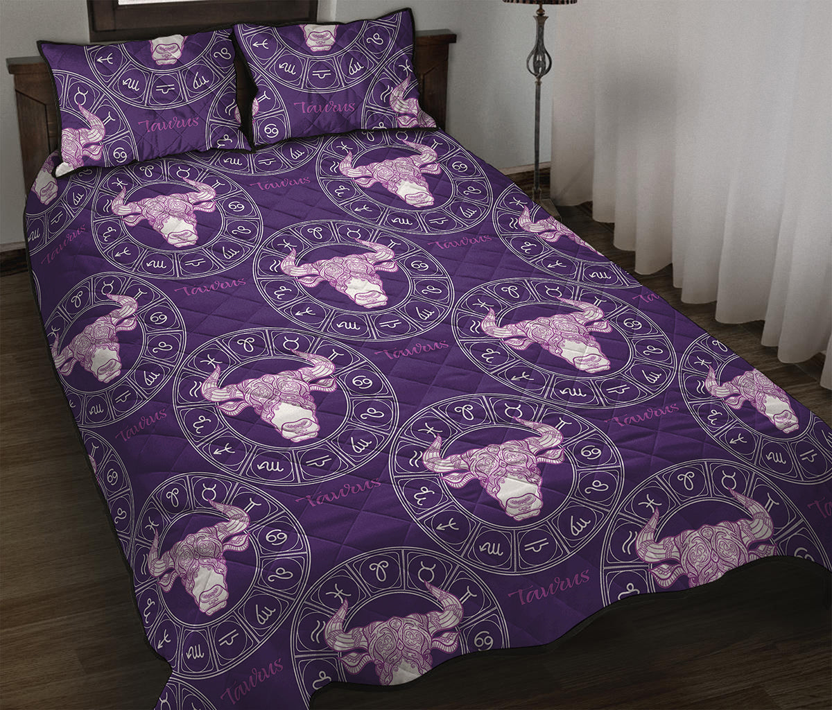 Purple Taurus Zodiac Pattern Print Quilt Bed Set