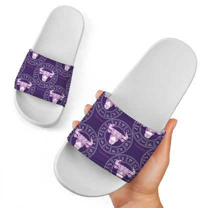 Purple Taurus Zodiac Pattern Print White Slide Sandals