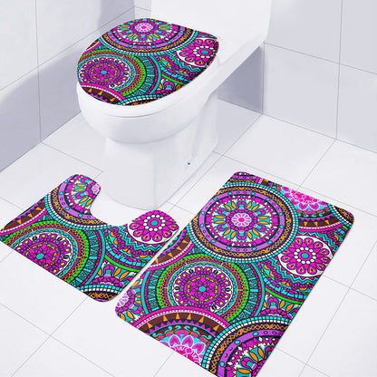 Purple Teal Circle Mandala Print 3 Piece Bath Mat Set
