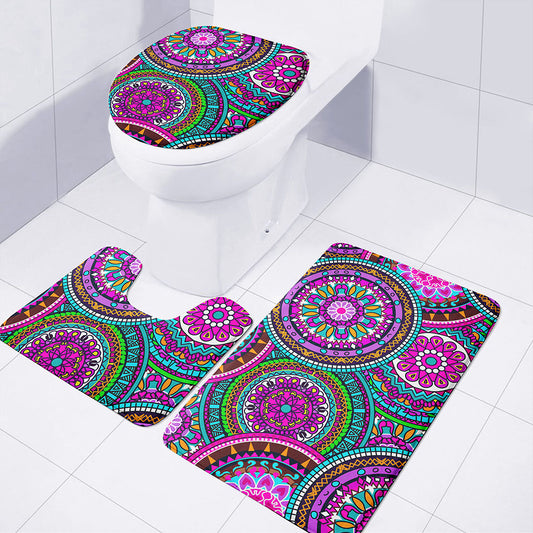 Purple Teal Circle Mandala Print 3 Piece Bath Mat Set