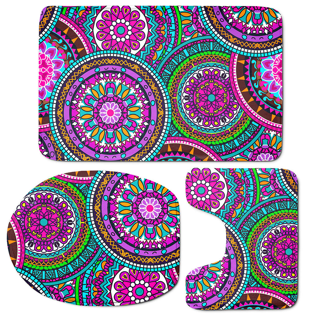 Purple Teal Circle Mandala Print 3 Piece Bath Mat Set