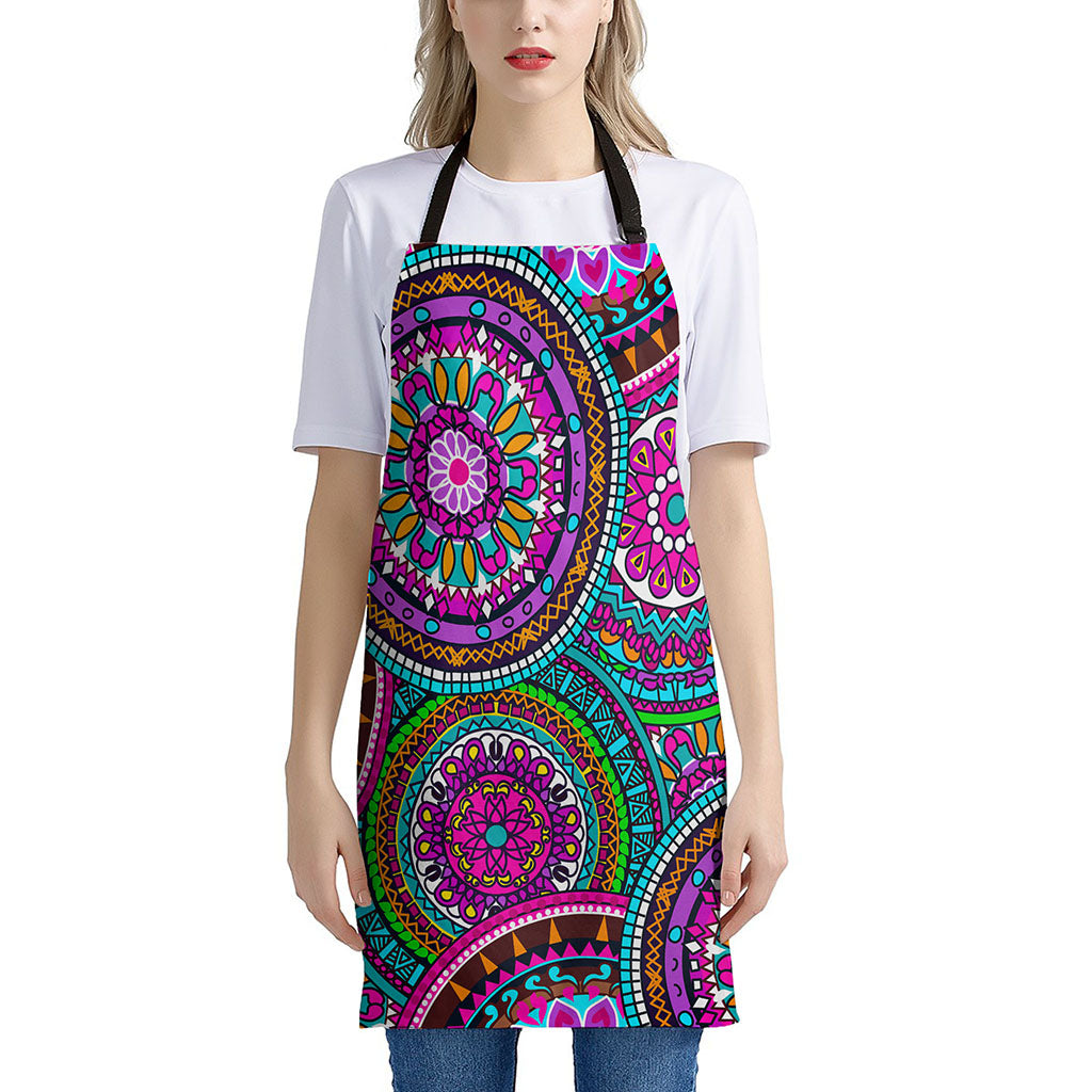 Purple Teal Circle Mandala Print Apron