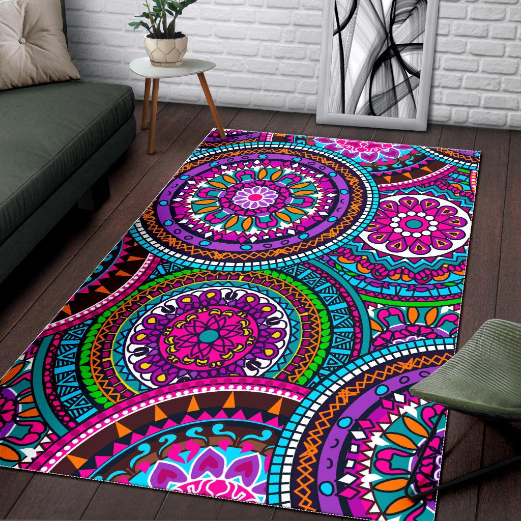 Purple Teal Circle Mandala Print Area Rug GearFrost
