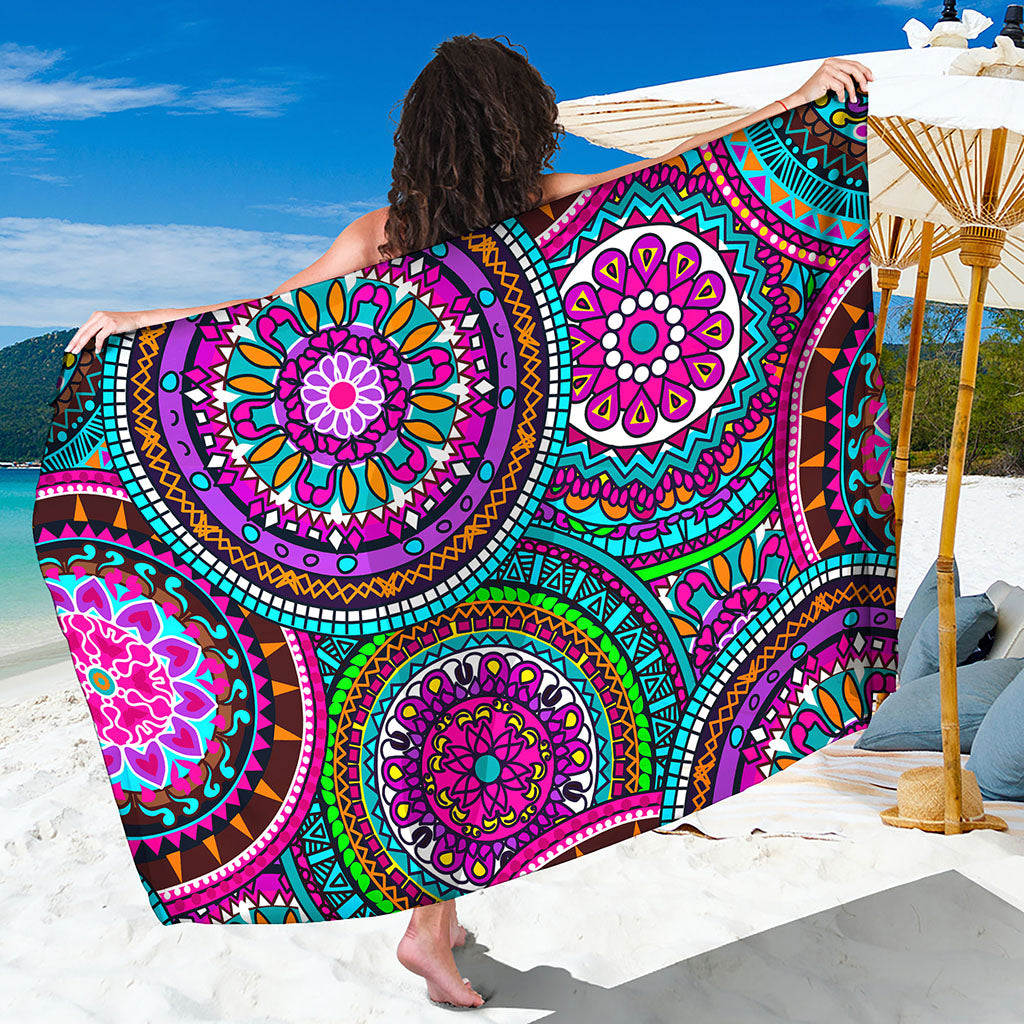 Purple Teal Circle Mandala Print Beach Sarong Wrap
