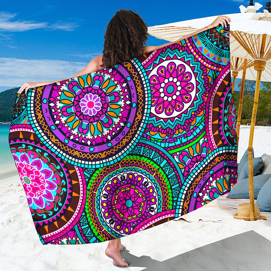 Purple Teal Circle Mandala Print Beach Sarong Wrap