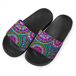 Purple Teal Circle Mandala Print Black Slide Sandals