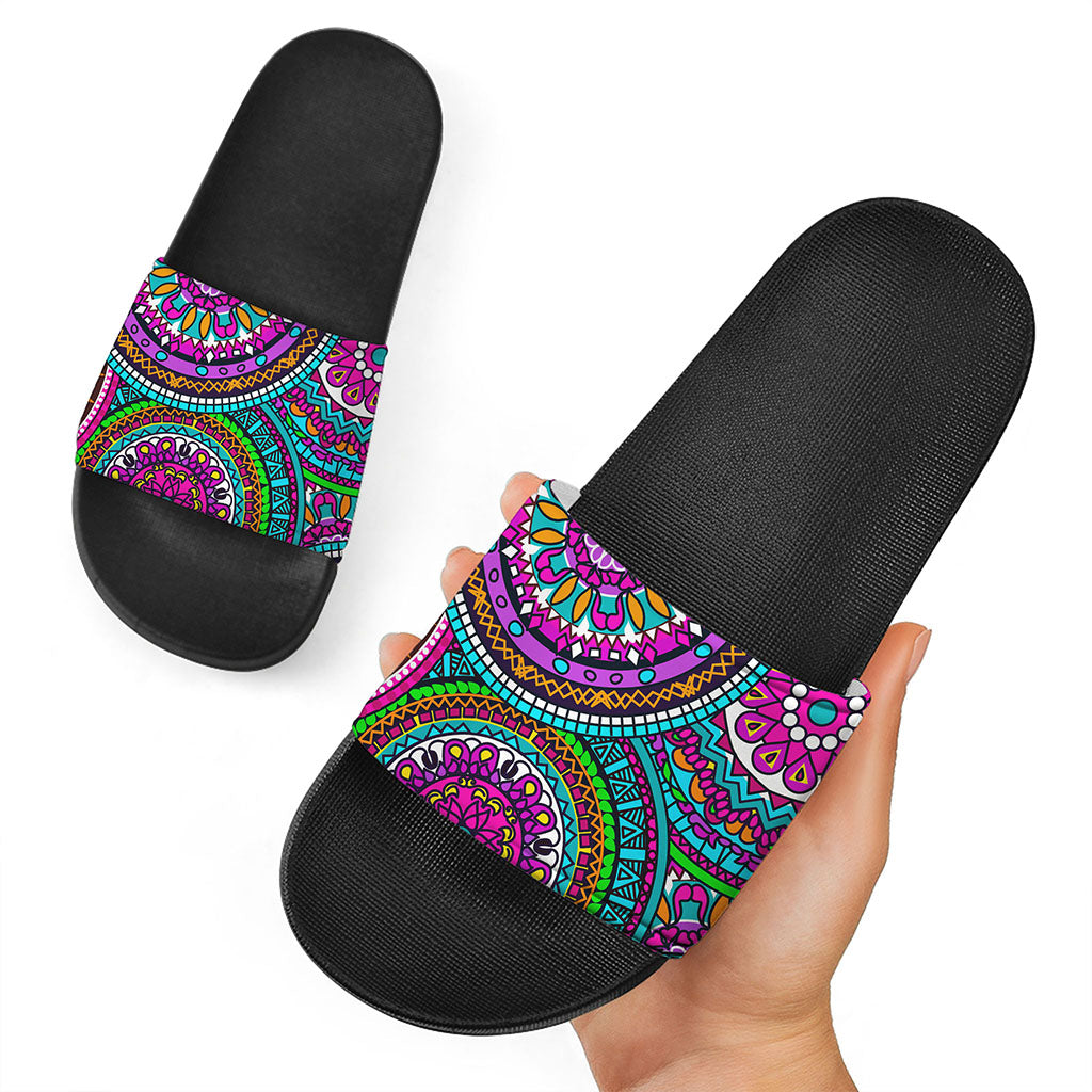 Purple Teal Circle Mandala Print Black Slide Sandals