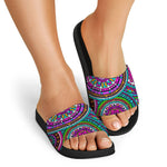 Purple Teal Circle Mandala Print Black Slide Sandals