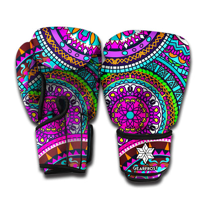 Purple Teal Circle Mandala Print Boxing Gloves