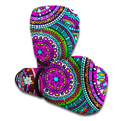 Purple Teal Circle Mandala Print Boxing Gloves