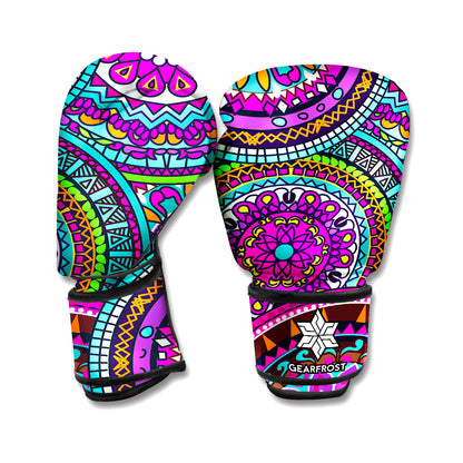 Purple Teal Circle Mandala Print Boxing Gloves