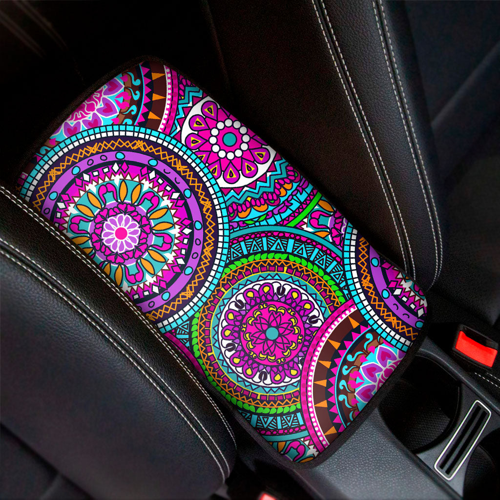 Purple Teal Circle Mandala Print Car Center Console Cover