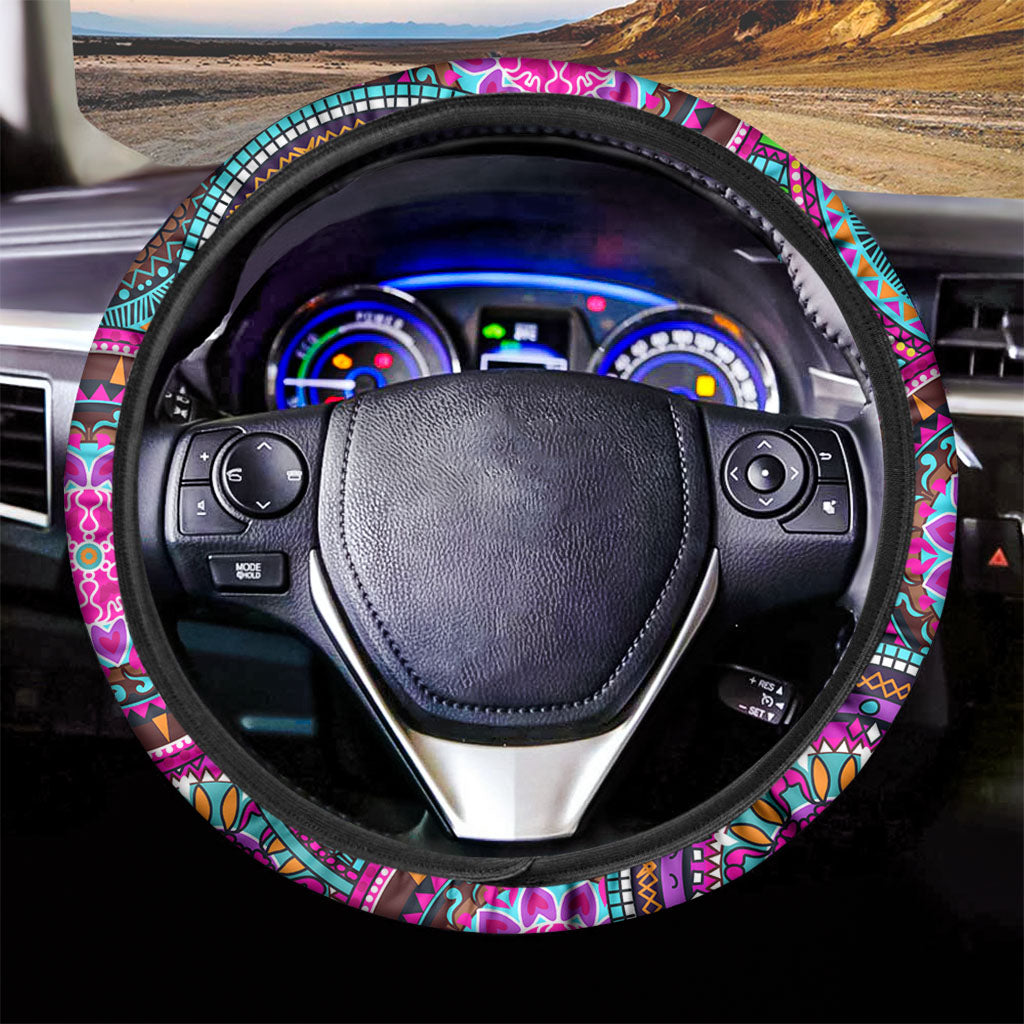 Purple Teal Circle Mandala Print Car Steering Wheel Cover