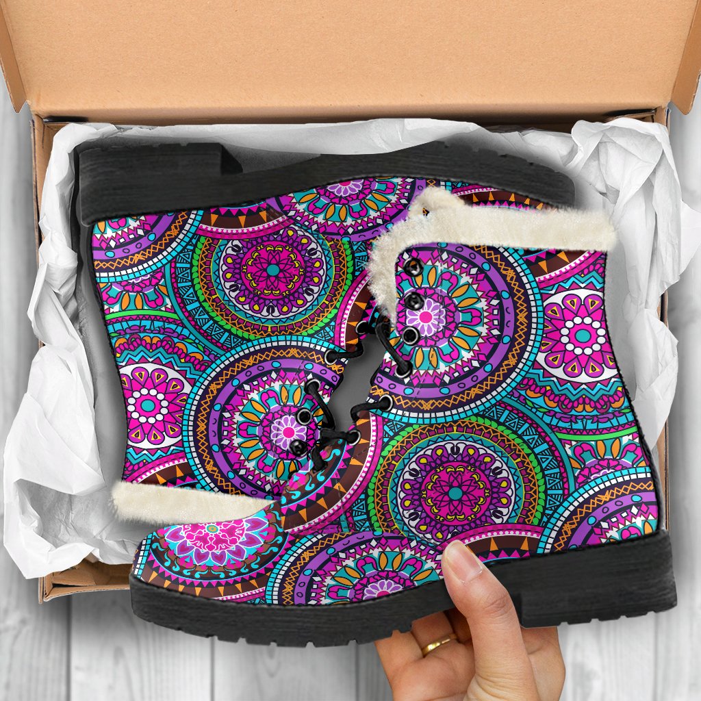Purple Teal Circle Mandala Print Comfy Boots GearFrost