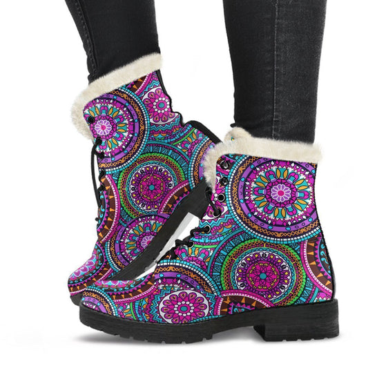 Purple Teal Circle Mandala Print Comfy Boots GearFrost