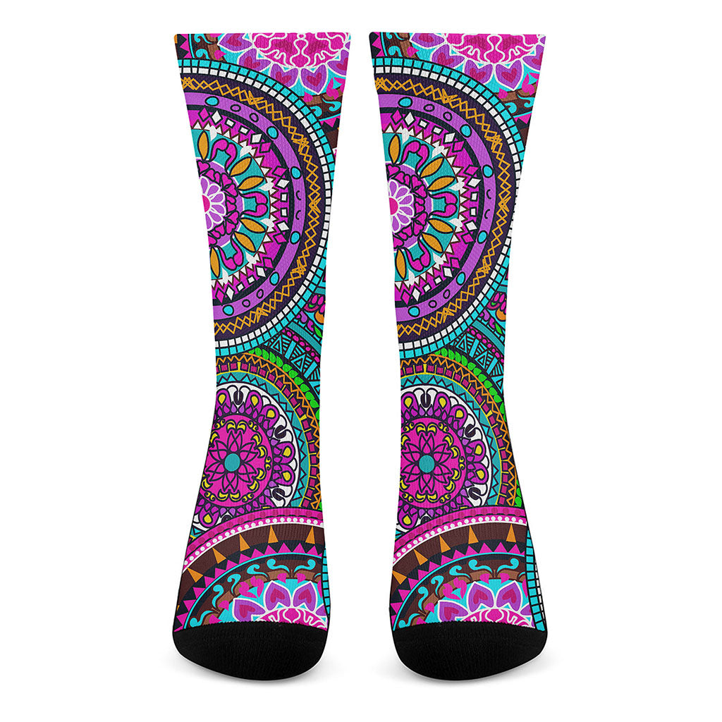 Purple Teal Circle Mandala Print Crew Socks