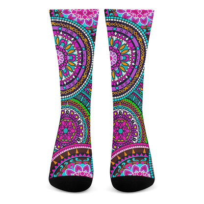 Purple Teal Circle Mandala Print Crew Socks
