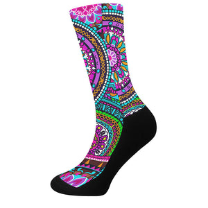 Purple Teal Circle Mandala Print Crew Socks