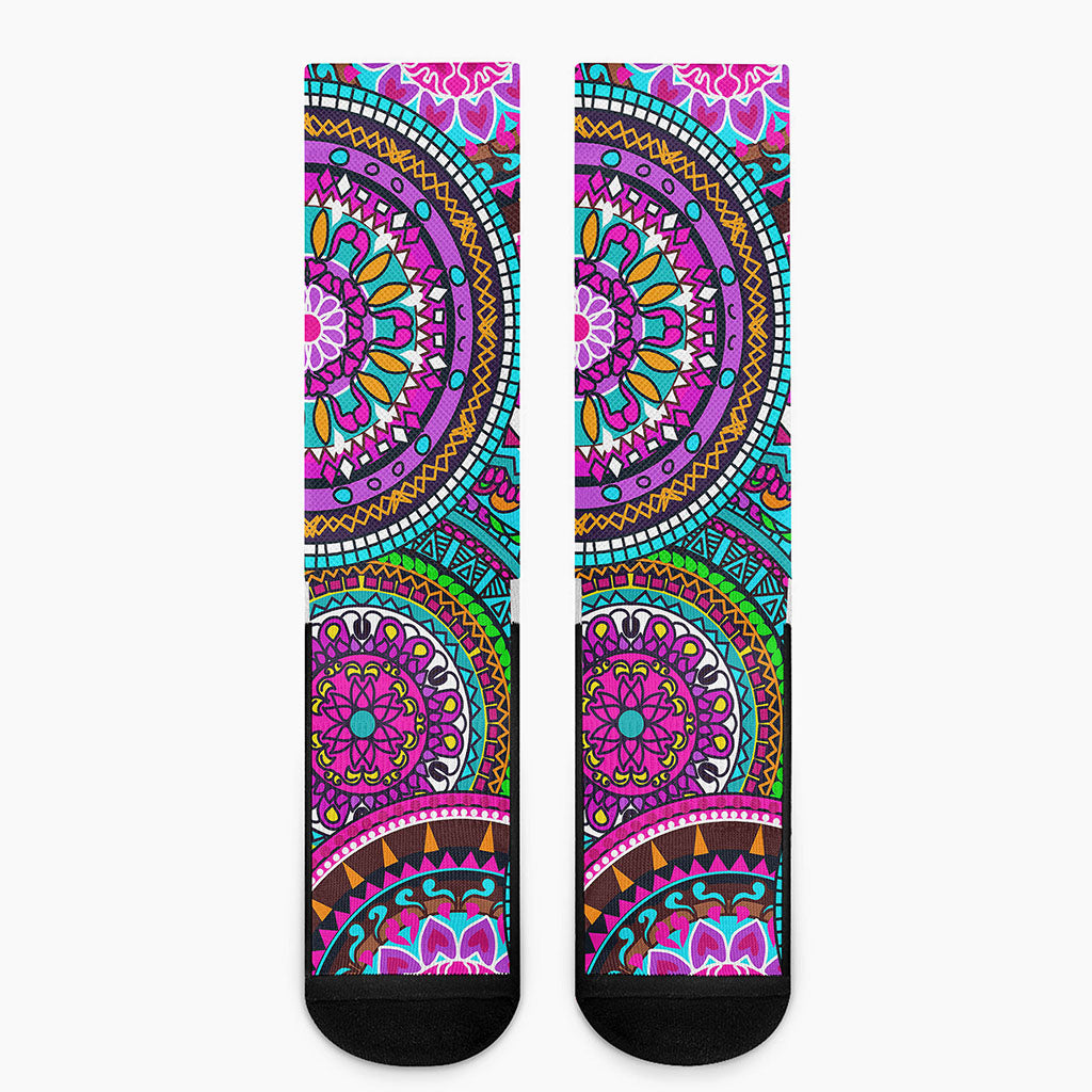 Purple Teal Circle Mandala Print Crew Socks