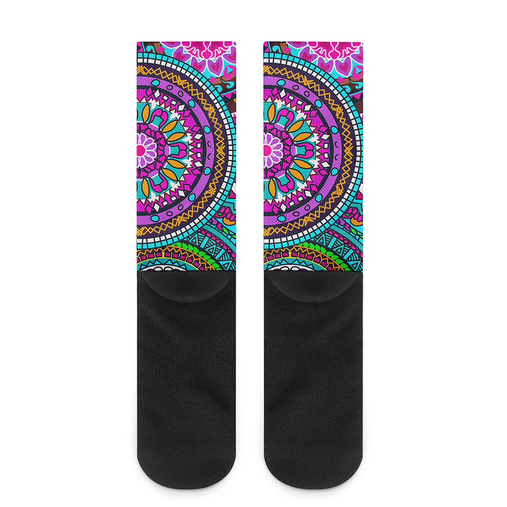 Purple Teal Circle Mandala Print Crew Socks